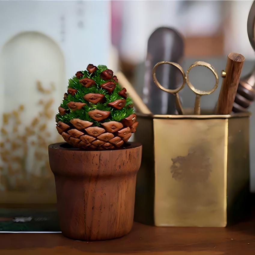 Pine Cone Moss Aromatherapy Desk Sculpture | Walnut Base | Preserved Moss & Natural Pine Cone Decor