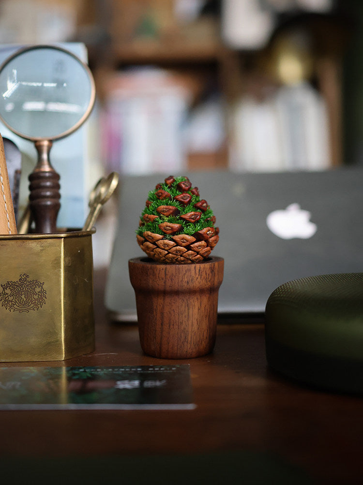 Pine Cone Moss Aromatherapy Desk Sculpture | Walnut Base | Preserved Moss & Natural Pine Cone Decor