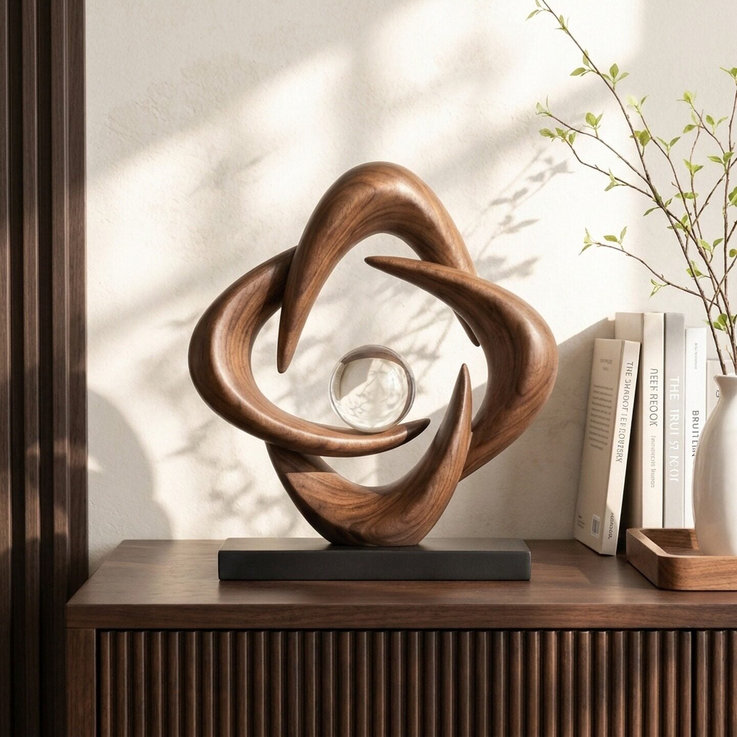 Prosperity Knot Black Walnut Desk Sculpture | Crystal Ball Center | Modern Luxury Home Decor | Engravable