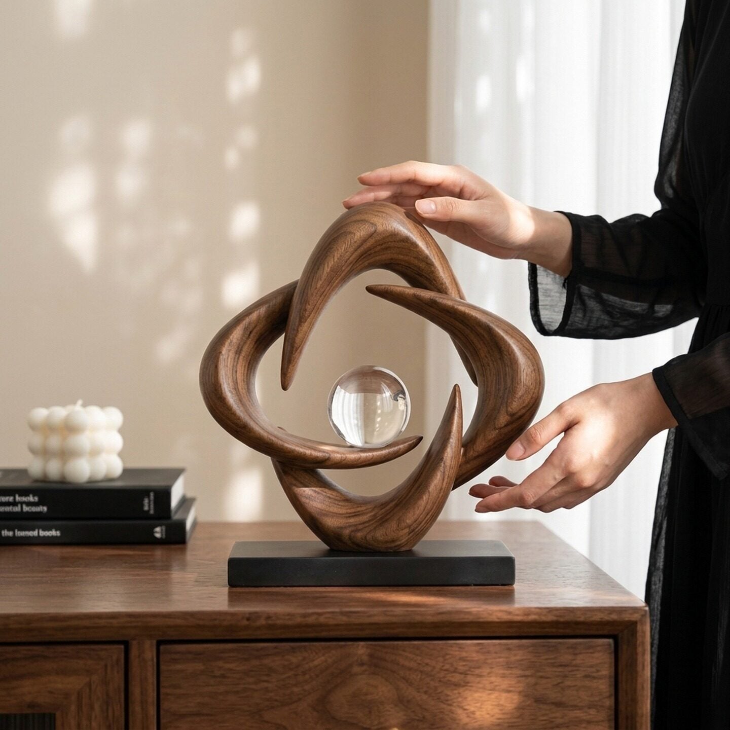Prosperity Knot Black Walnut Desk Sculpture | Crystal Ball Center | Modern Luxury Home Decor | Engravable