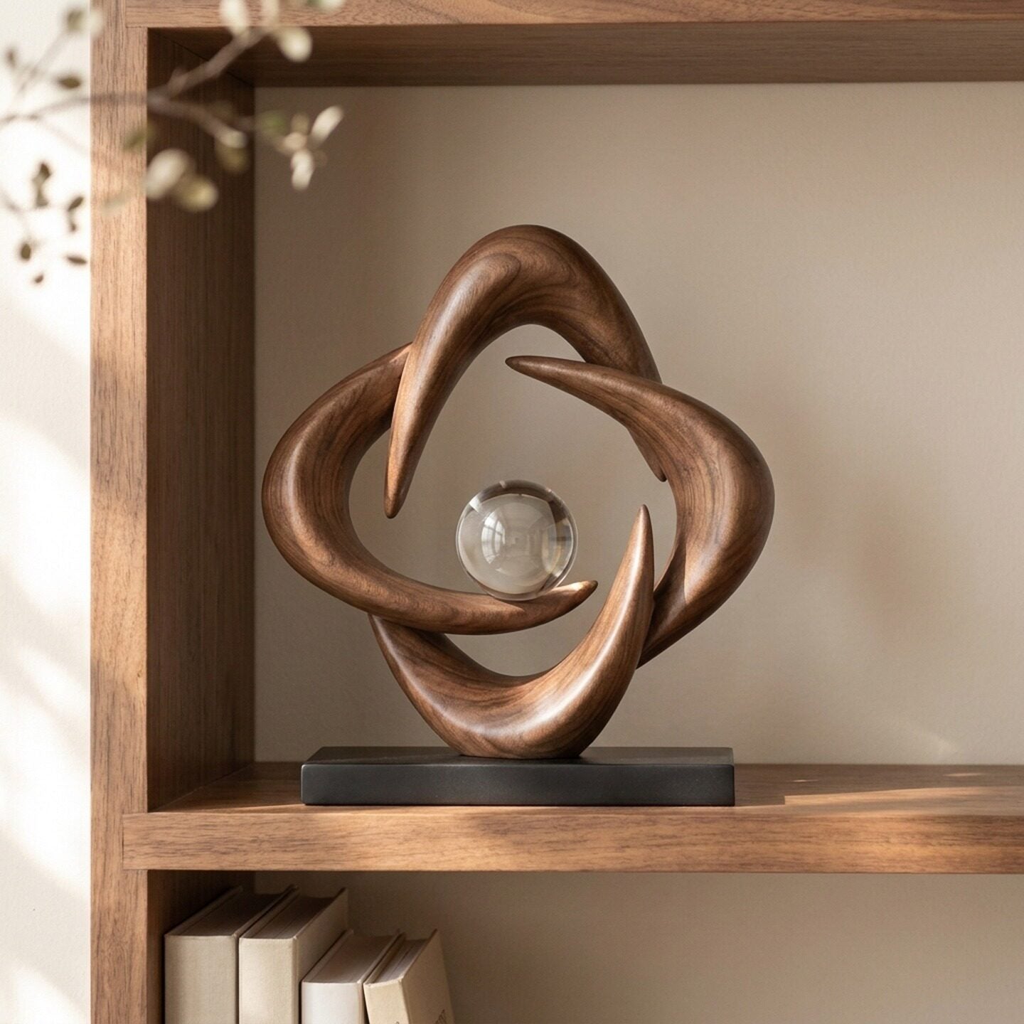 Prosperity Knot Black Walnut Desk Sculpture | Crystal Ball Center | Modern Luxury Home Decor | Engravable