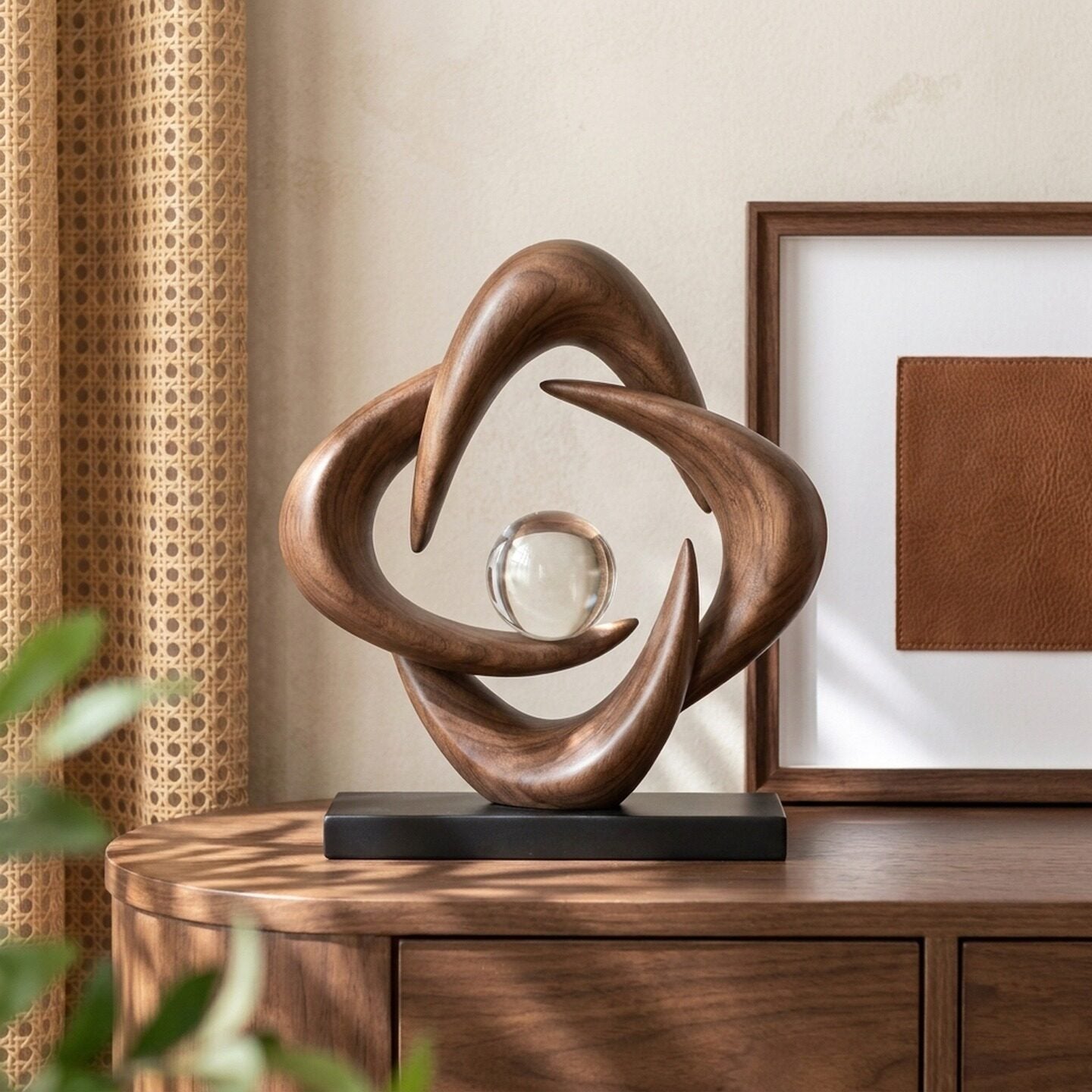 Prosperity Knot Black Walnut Desk Sculpture | Crystal Ball Center | Modern Luxury Home Decor | Engravable