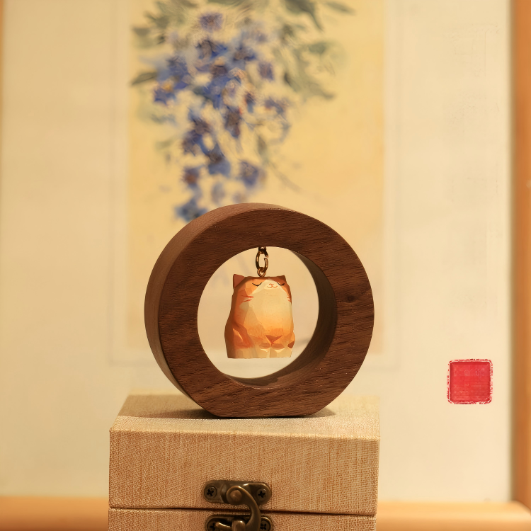 Proud Cat & Shiba Inu Wood Carved Figurine | Walnut Frame Desk Sculpture | Lucky Fortune Gift