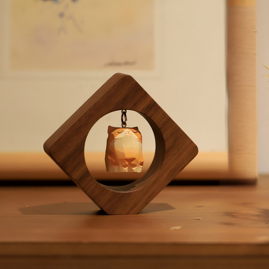 Proud Cat & Shiba Inu Wood Carved Figurine | Walnut Frame Desk Sculpture | Lucky Fortune Gift