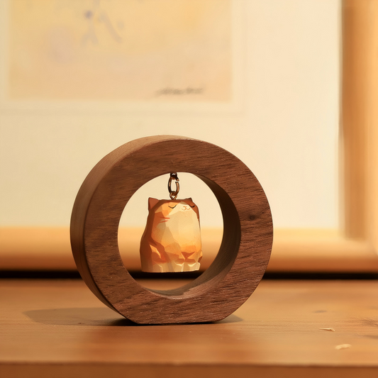 Proud Cat & Shiba Inu Wood Carved Figurine | Walnut Frame Desk Sculpture | Lucky Fortune Gift