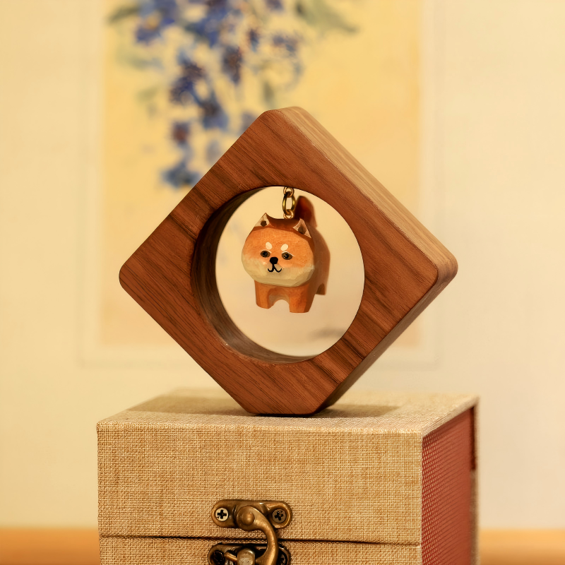 Proud Cat & Shiba Inu Wood Carved Figurine | Walnut Frame Desk Sculpture | Lucky Fortune Gift