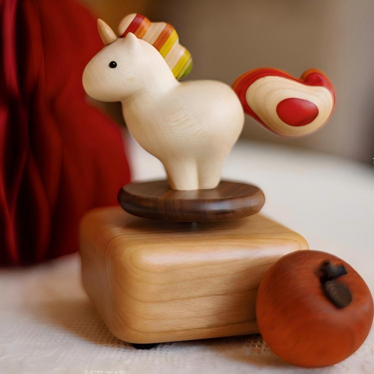 Rainbow Pony Music Box | Spirited Away Theme | Rotating Wood Sculpture | Engravable Gift