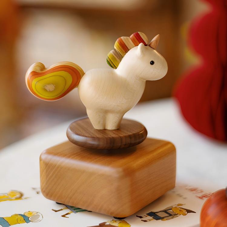 Rainbow Pony Music Box | Spirited Away Theme | Rotating Wood Sculpture | Engravable Gift