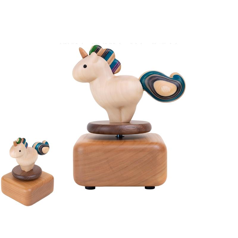 Rainbow Pony Music Box | Spirited Away Theme | Rotating Wood Sculpture | Engravable Gift