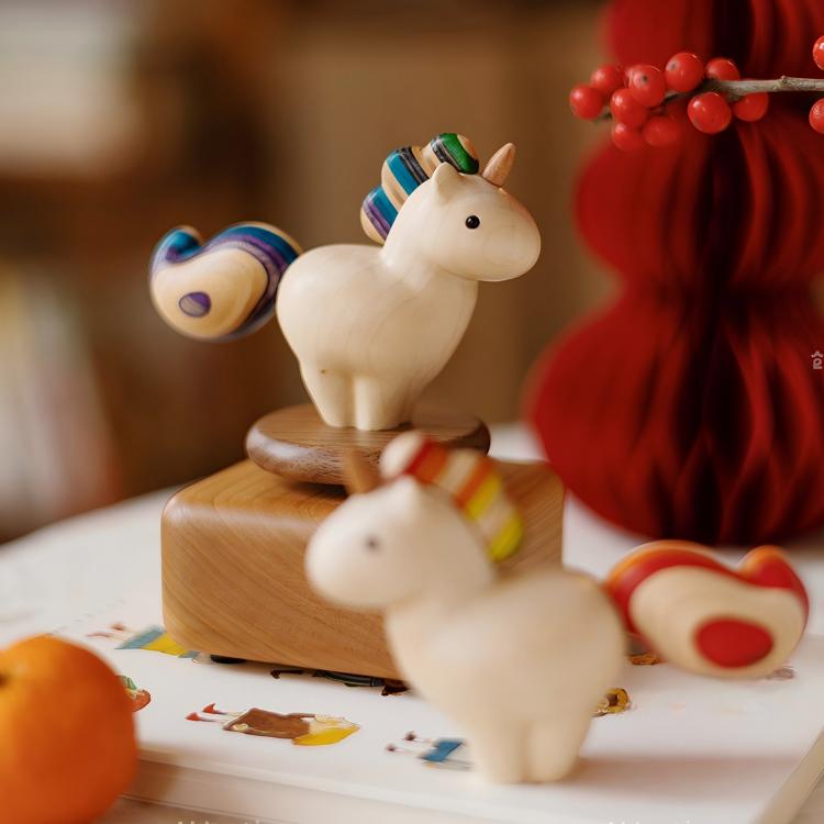 Rainbow Pony Music Box | Spirited Away Theme | Rotating Wood Sculpture | Engravable Gift