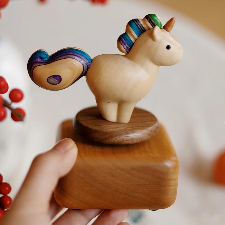 Rainbow Pony Music Box | Spirited Away Theme | Rotating Wood Sculpture | Engravable Gift