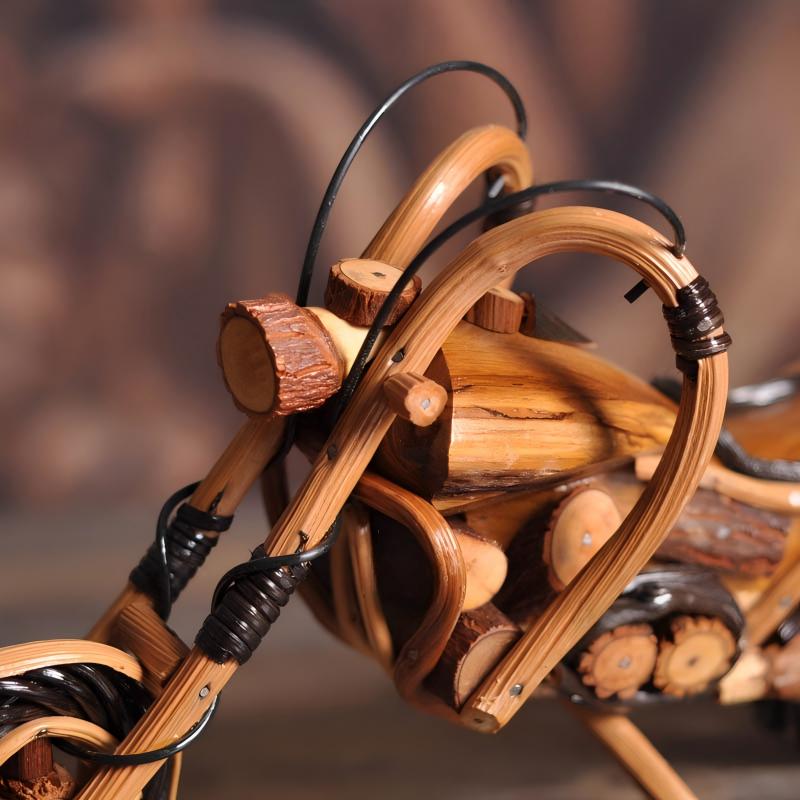 Rattan Woven Harley Motorcycle Model | Handcrafted Wood & Wicker Sculpture | Desktop Art Gift