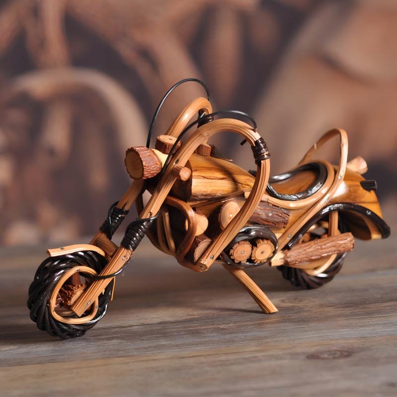 Rattan Woven Harley Motorcycle Model | Handcrafted Wood & Wicker Sculpture | Desktop Art Gift