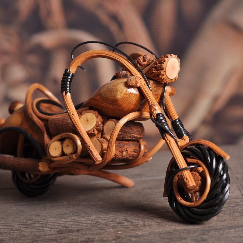 Rattan Woven Harley Motorcycle Model | Handcrafted Wood & Wicker Sculpture | Desktop Art Gift