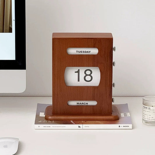 Retro Cherry Wood Perpetual Calendar, Handcrafted Solid Wood Desk Decor, Vintage Gift