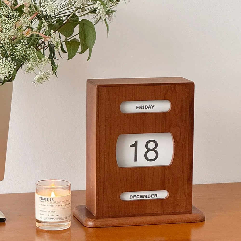 Retro Cherry Wood Perpetual Calendar, Handcrafted Solid Wood Desk Decor, Vintage Gift