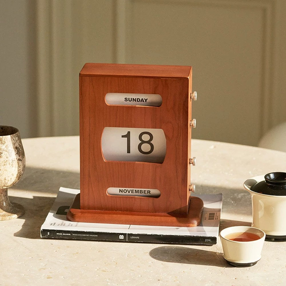 Retro Cherry Wood Perpetual Calendar, Handcrafted Solid Wood Desk Decor, Vintage Gift