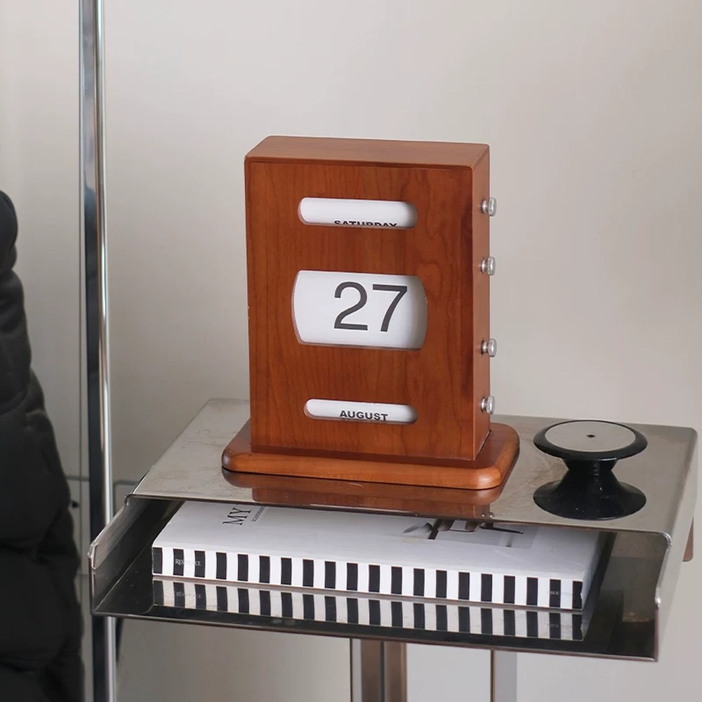 Retro Cherry Wood Perpetual Calendar, Handcrafted Solid Wood Desk Decor, Vintage Gift
