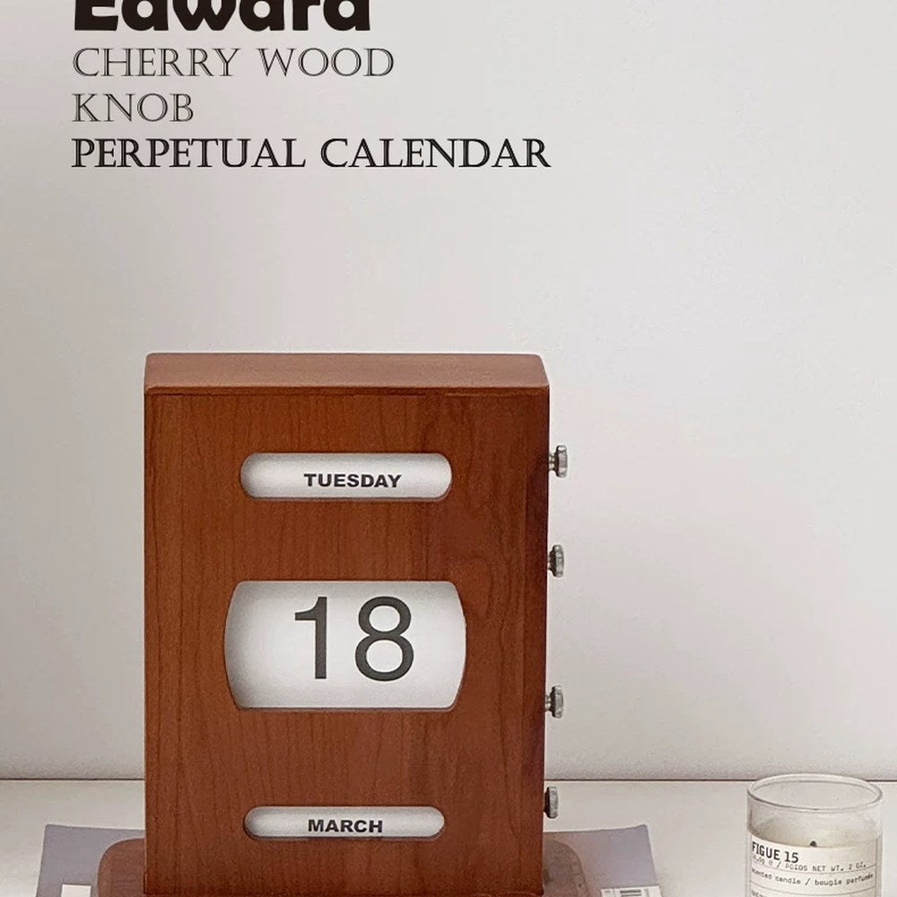 Retro Cherry Wood Perpetual Calendar, Handcrafted Solid Wood Desk Decor, Vintage Gift