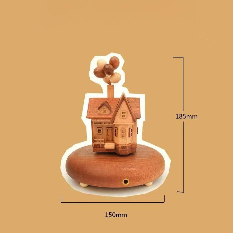 Rotating Music Box | Hand-Crank Wooden Ornament | Flying House Castle Planet Gift