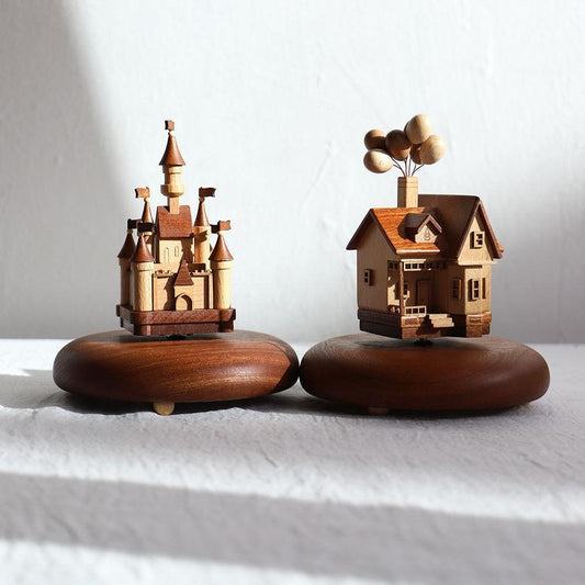 Rotating Music Box | Hand-Crank Wooden Ornament | Flying House Castle Planet Gift