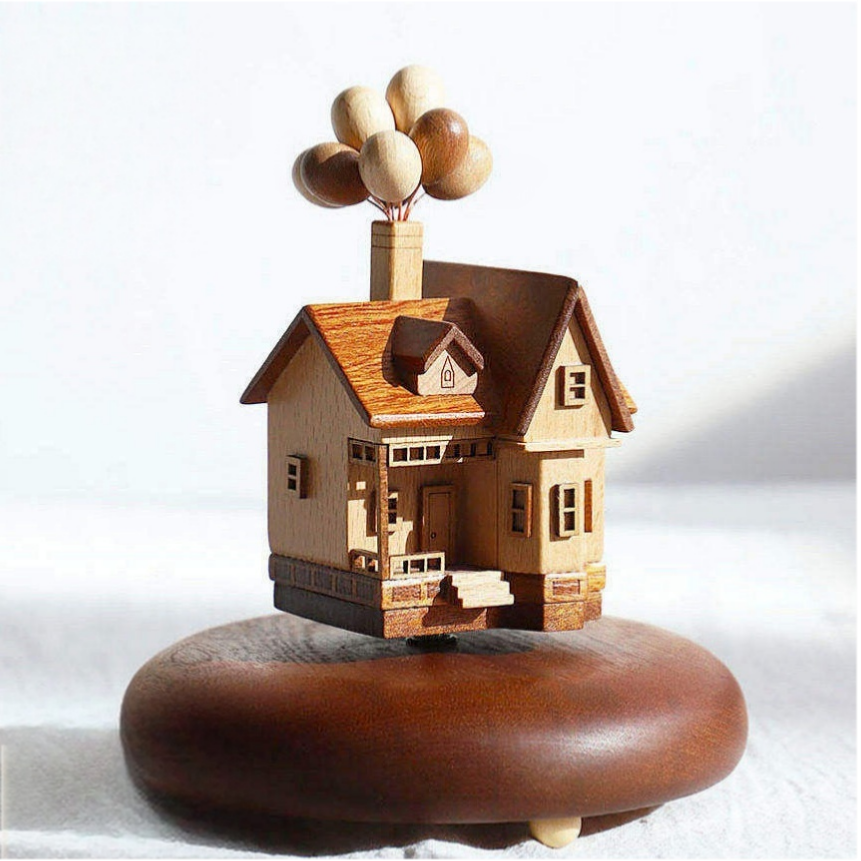 Rotating Music Box | Hand-Crank Wooden Ornament | Flying House Castle Planet Gift