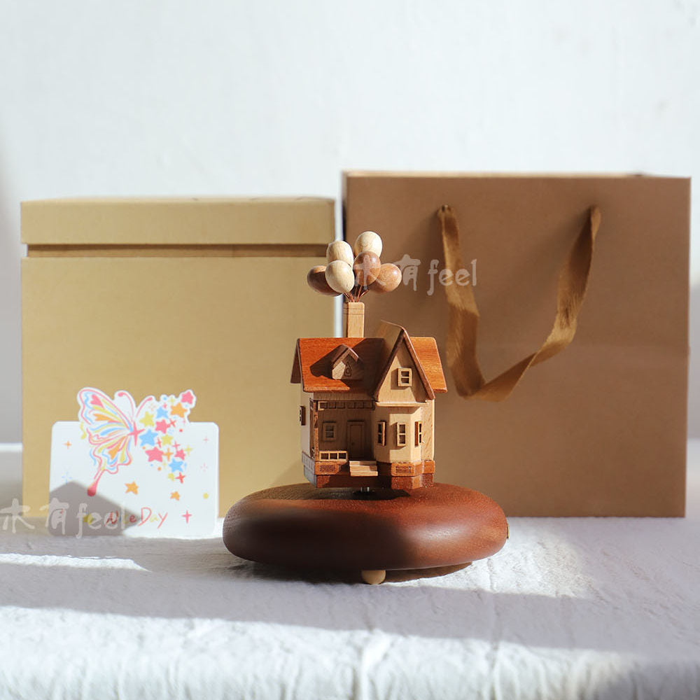 Rotating Music Box | Hand-Crank Wooden Ornament | Flying House Castle Planet Gift