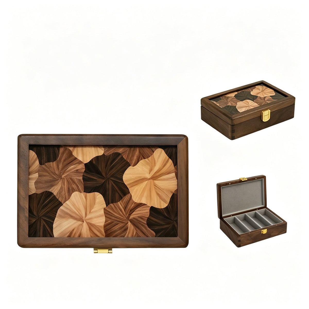 Inlaid Walnut Jewelry & Keepsake Box | Velvet Lining, Brass Clasp
