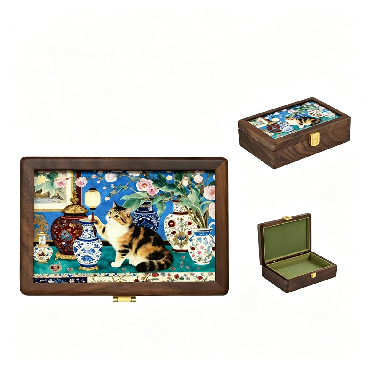 Inlaid Walnut Jewelry & Keepsake Box | Velvet Lining, Brass Clasp