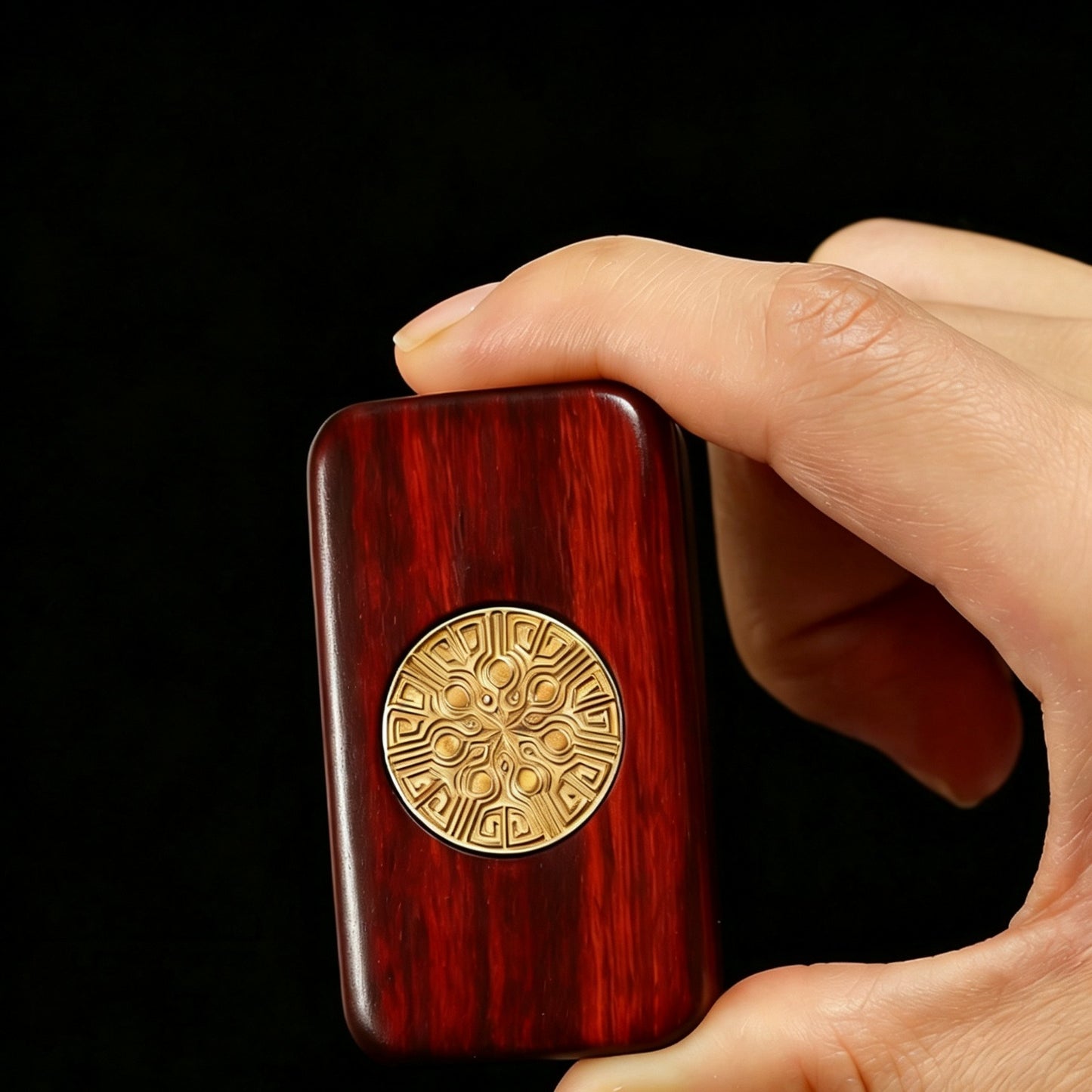 Sandalwood Brass Push-Card EDC | Natural Wood + Brass Inlay | Eternal Flower & Dancing Lion | Engravable