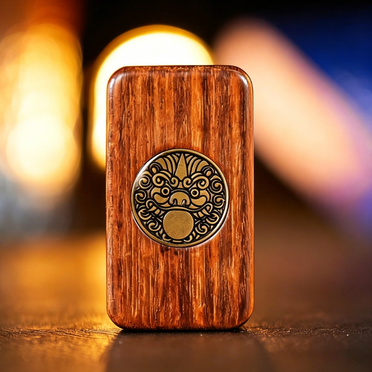 Sandalwood Brass Push-Card EDC | Natural Wood + Brass Inlay | Eternal Flower & Dancing Lion | Engravable