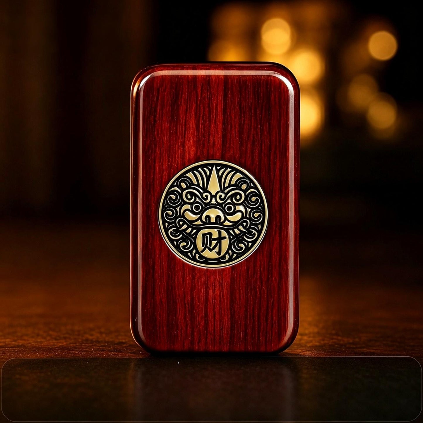 Sandalwood Brass Push-Card EDC | Natural Wood + Brass Inlay | Eternal Flower & Dancing Lion | Engravable