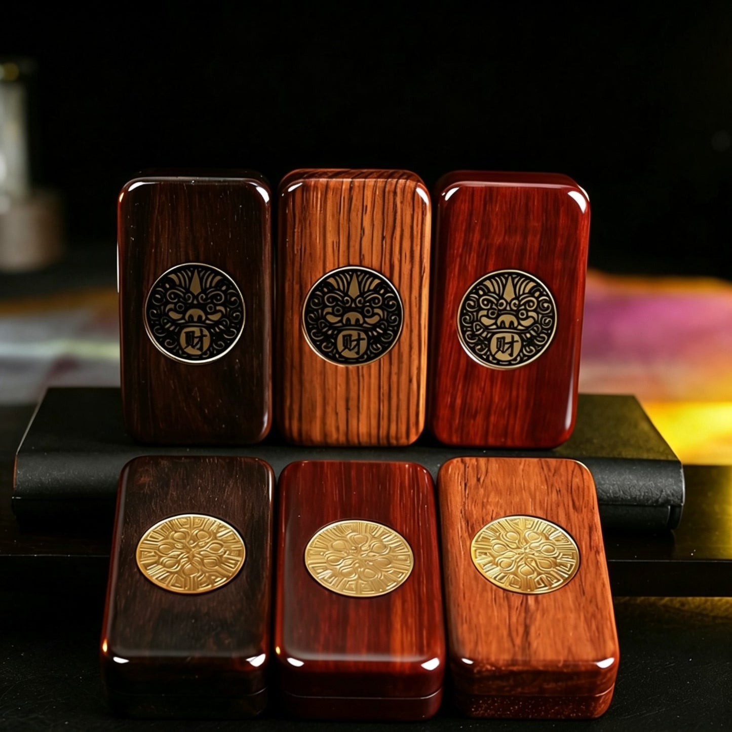 Sandalwood Brass Push-Card EDC | Natural Wood + Brass Inlay | Eternal Flower & Dancing Lion | Engravable