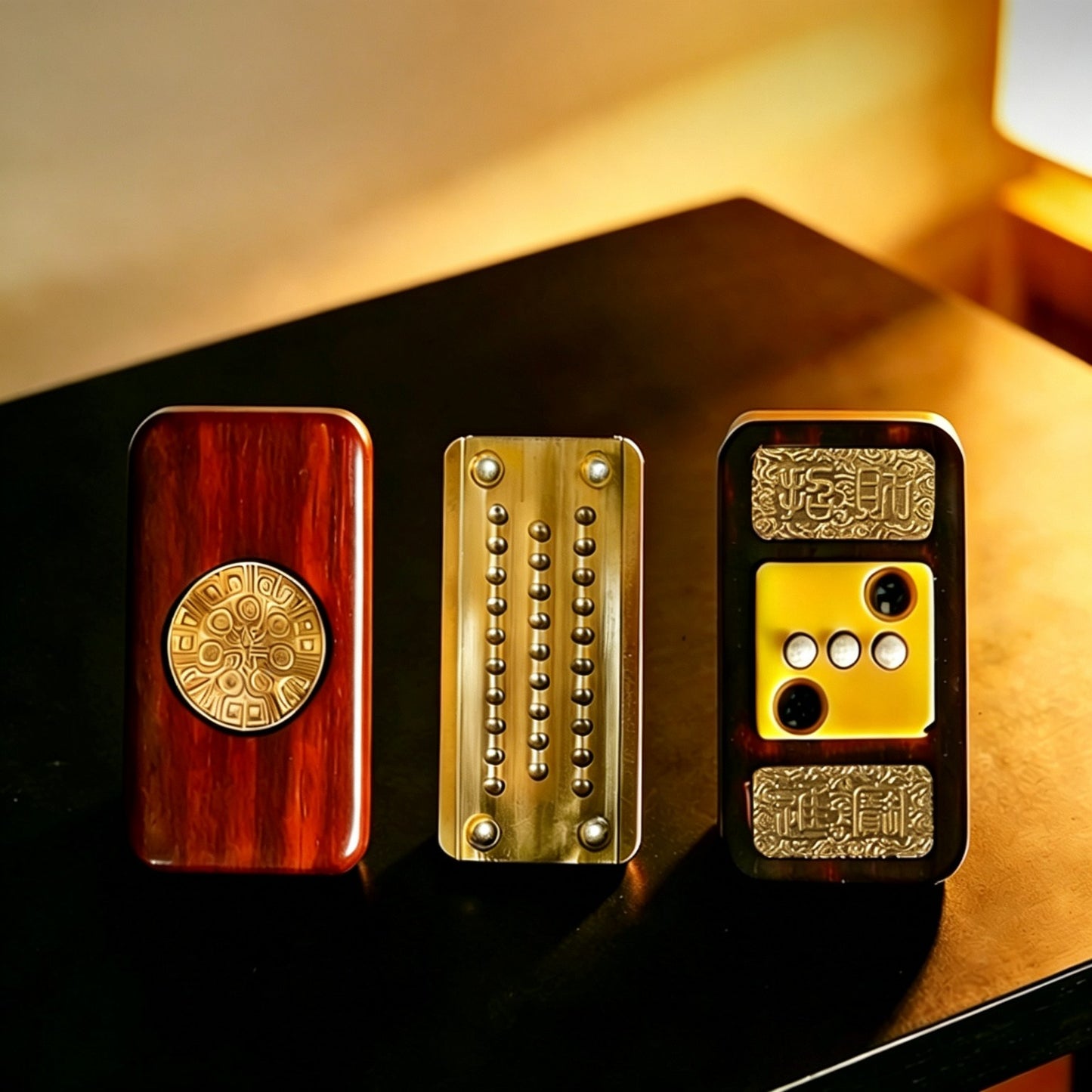 Sandalwood Brass Push-Card EDC | Natural Wood + Brass Inlay | Eternal Flower & Dancing Lion | Engravable