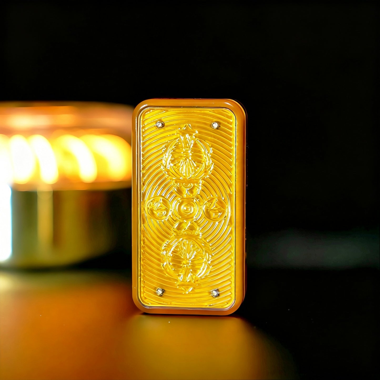 Sandalwood Brass Push-Card EDC | Natural Wood + Brass Inlay | Eternal Flower & Dancing Lion | Engravable