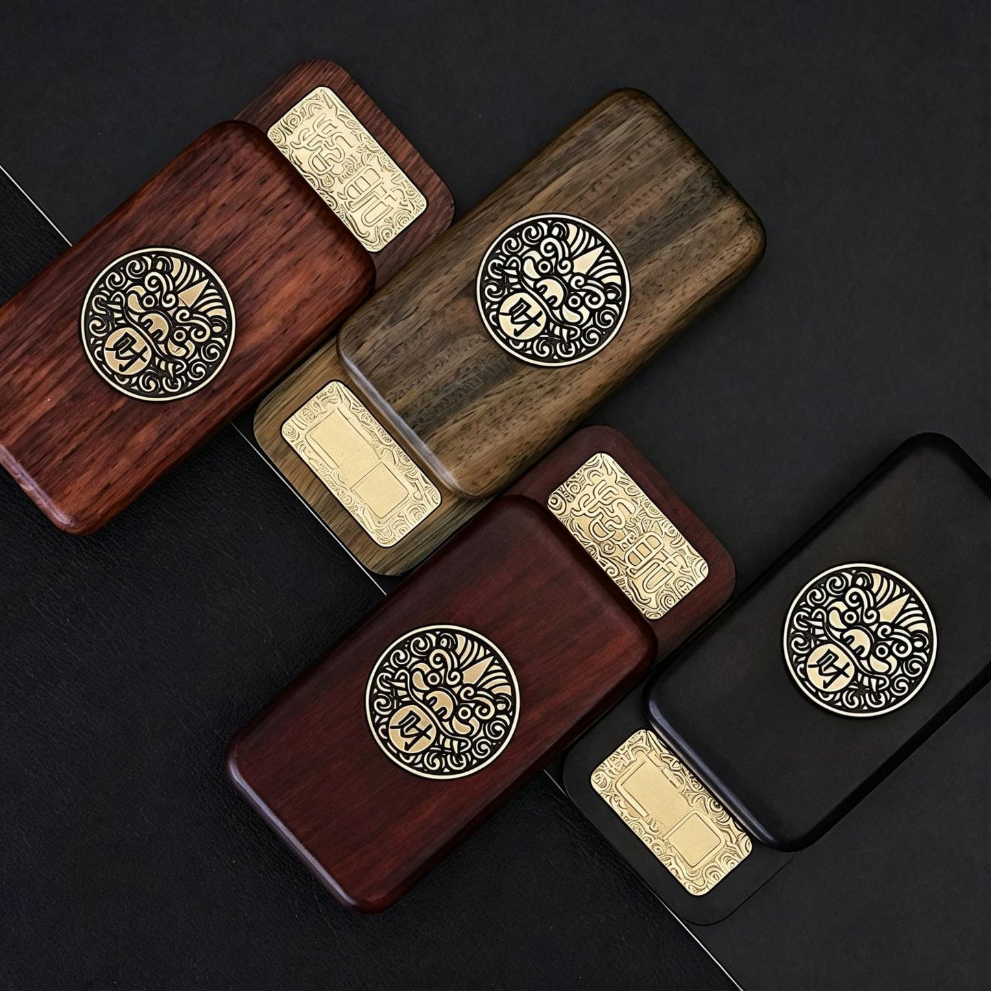 Sandalwood Brass Push-Card EDC | Natural Wood + Brass Inlay | Eternal Flower & Dancing Lion | Engravable