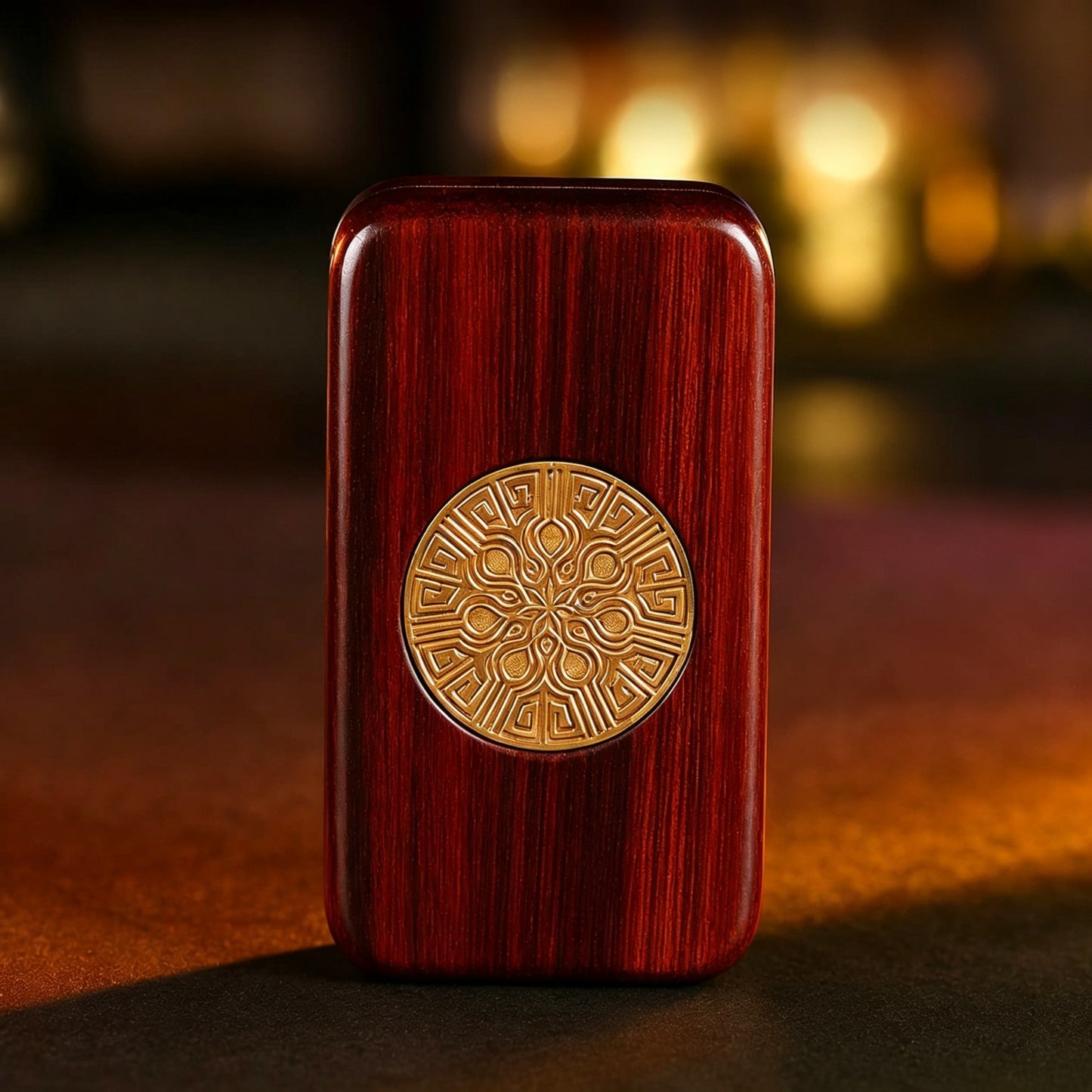 Sandalwood Brass Push-Card EDC | Natural Wood + Brass Inlay | Eternal Flower & Dancing Lion | Engravable