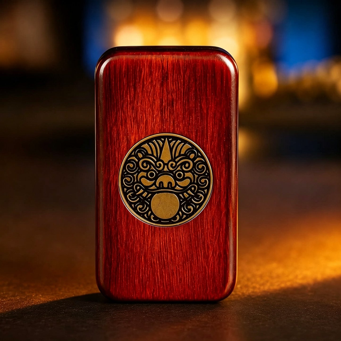 Sandalwood Brass Push-Card EDC | Natural Wood + Brass Inlay | Eternal Flower & Dancing Lion | Engravable