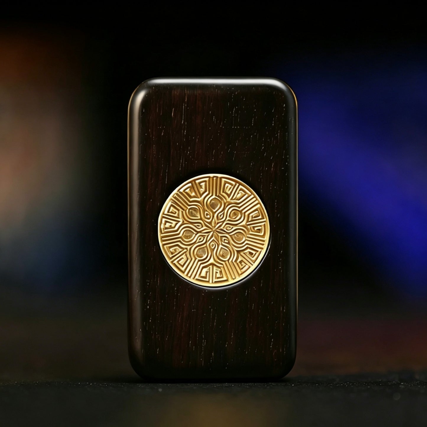Sandalwood Brass Push-Card EDC | Natural Wood + Brass Inlay | Eternal Flower & Dancing Lion | Engravable