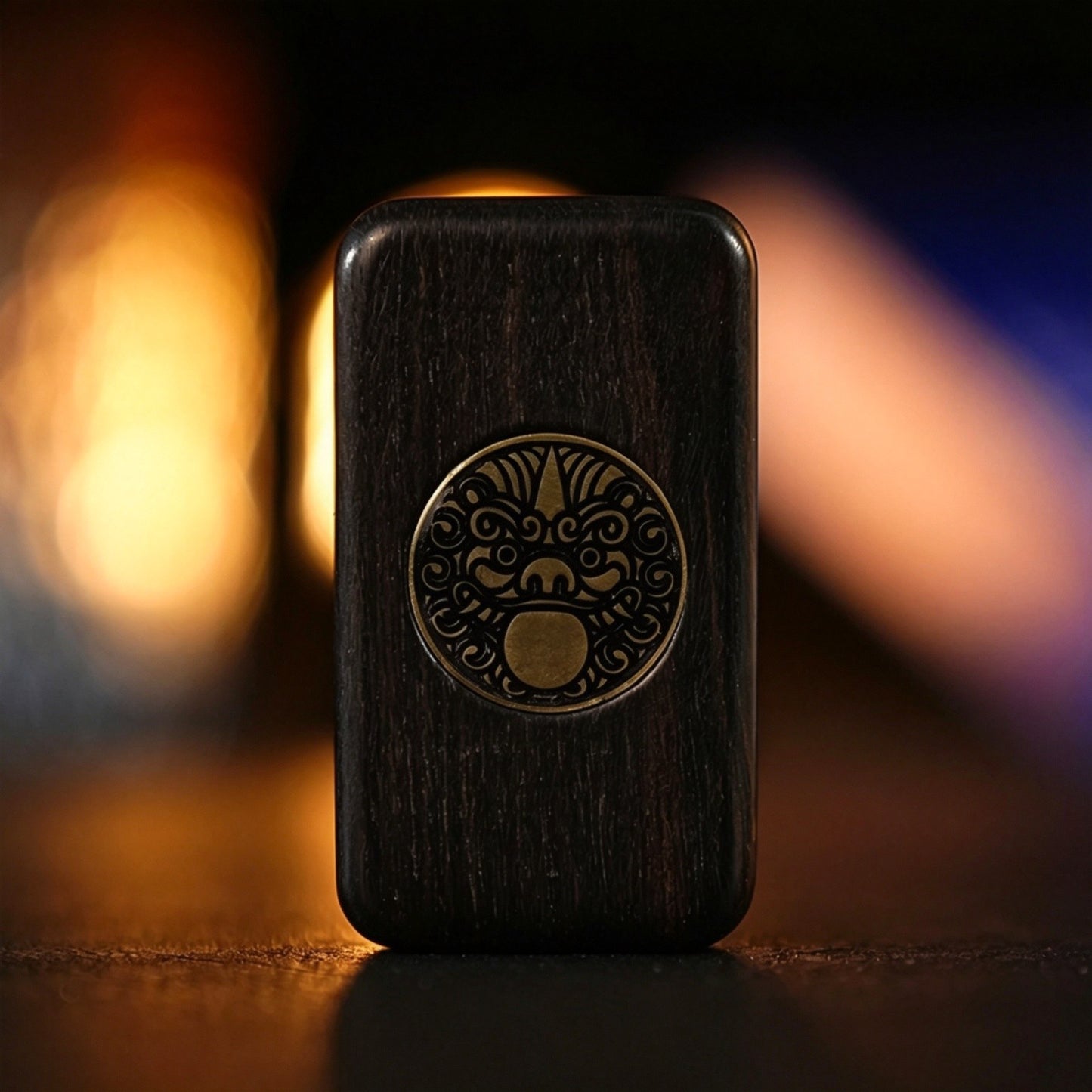 Sandalwood Brass Push-Card EDC | Natural Wood + Brass Inlay | Eternal Flower & Dancing Lion | Engravable