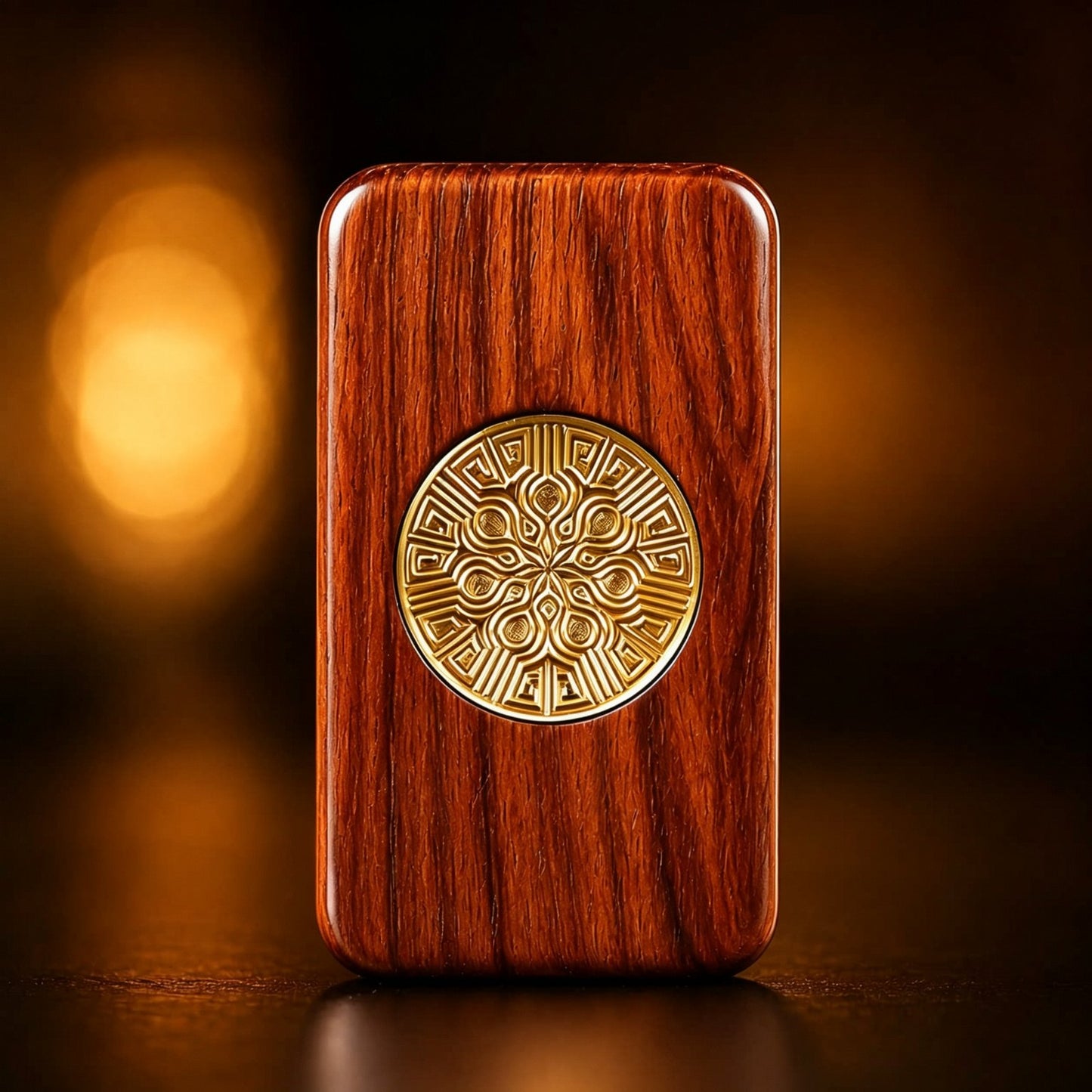 Sandalwood Brass Push-Card EDC | Natural Wood + Brass Inlay | Eternal Flower & Dancing Lion | Engravable
