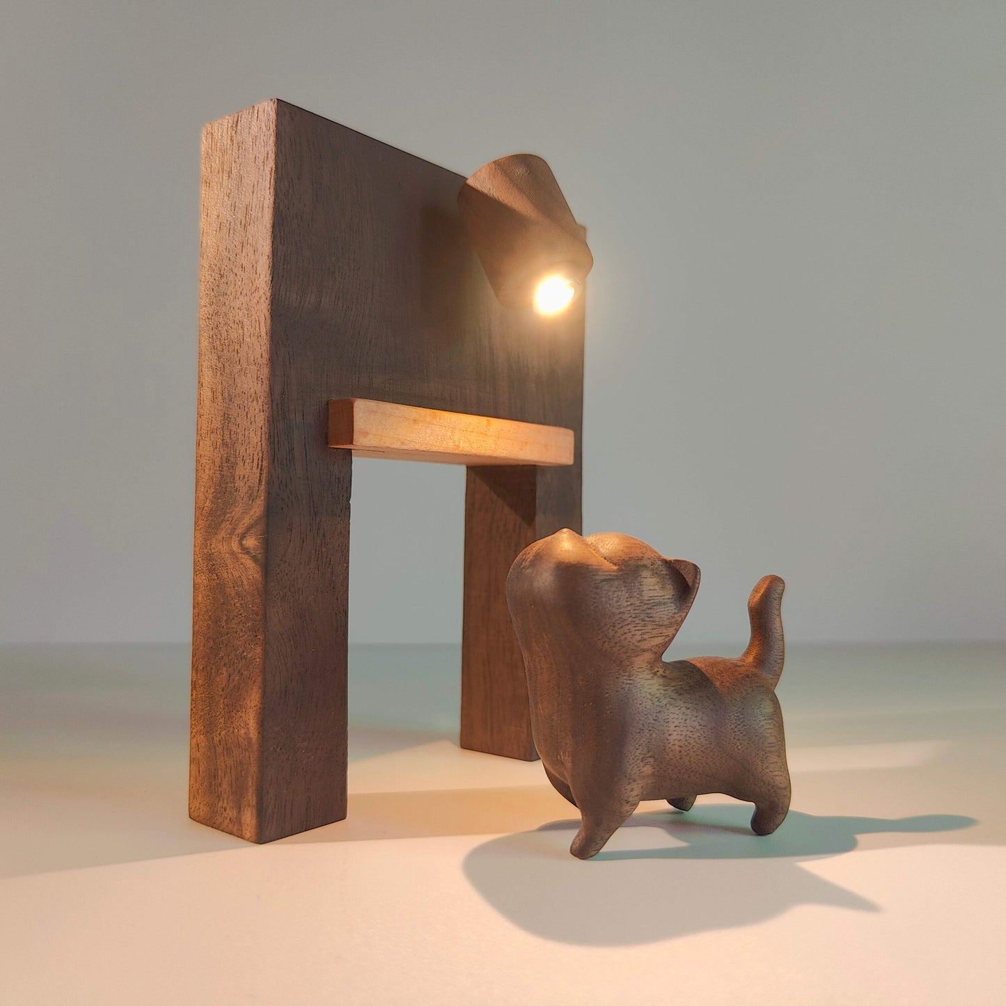 Sassy Cat Arch Night Light | Black Walnut & Beech Wood Desk Lamp | Engravable Battery-Powered Sculpture