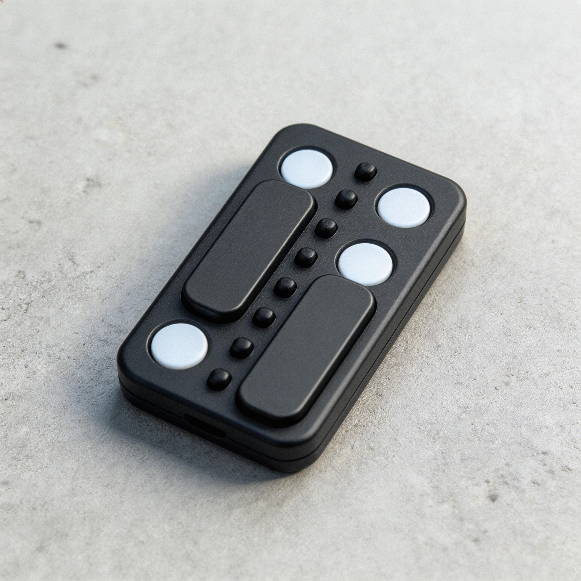 Black remote control with white buttons on a light gray surface
