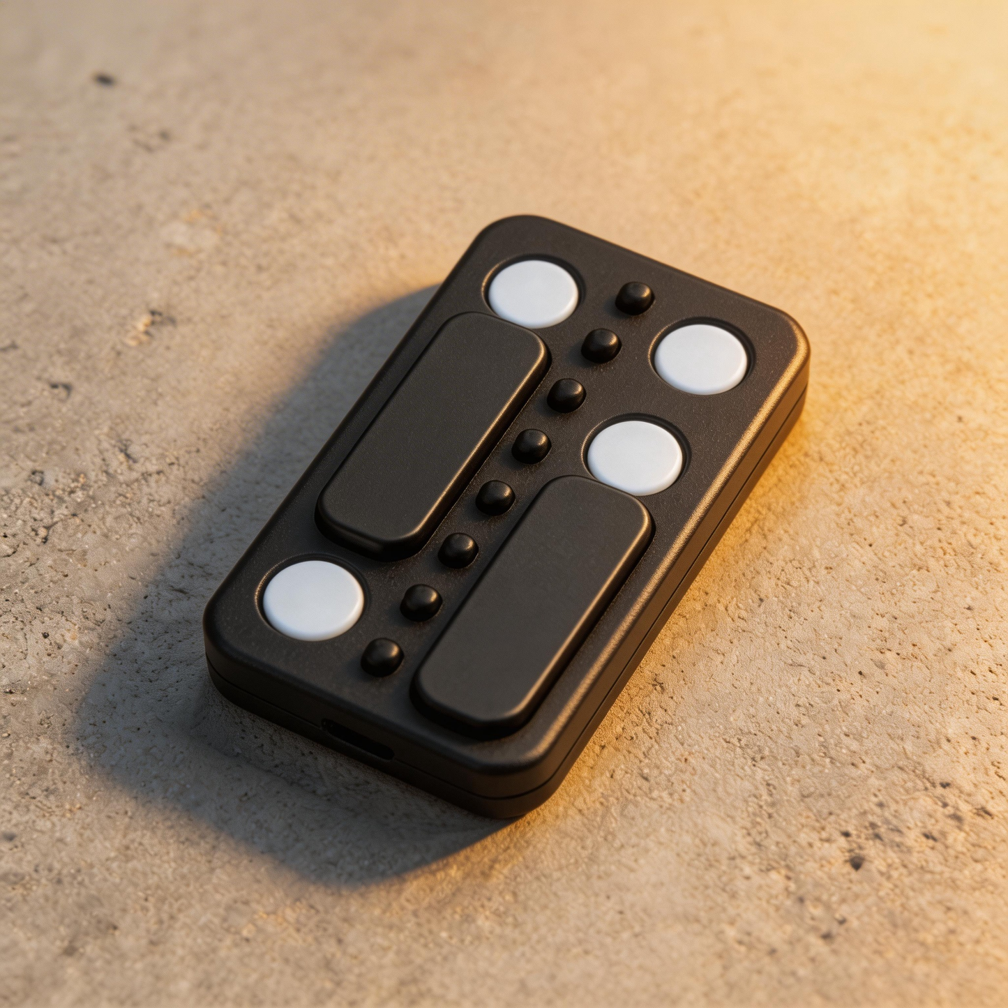 Black remote control with white buttons on a textured surface