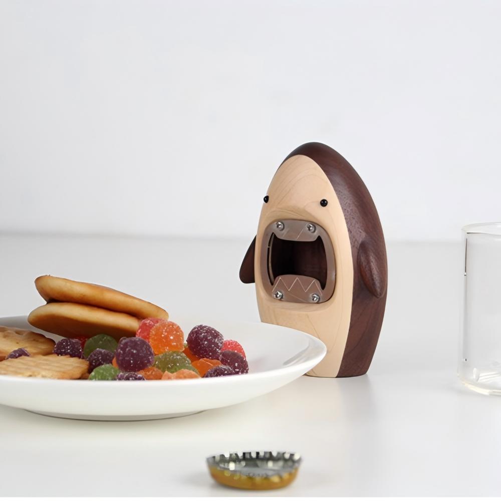 Shark Bottle Opener | Solid Wood Desk Sculpture | Black Walnut & White Oak | Engravable