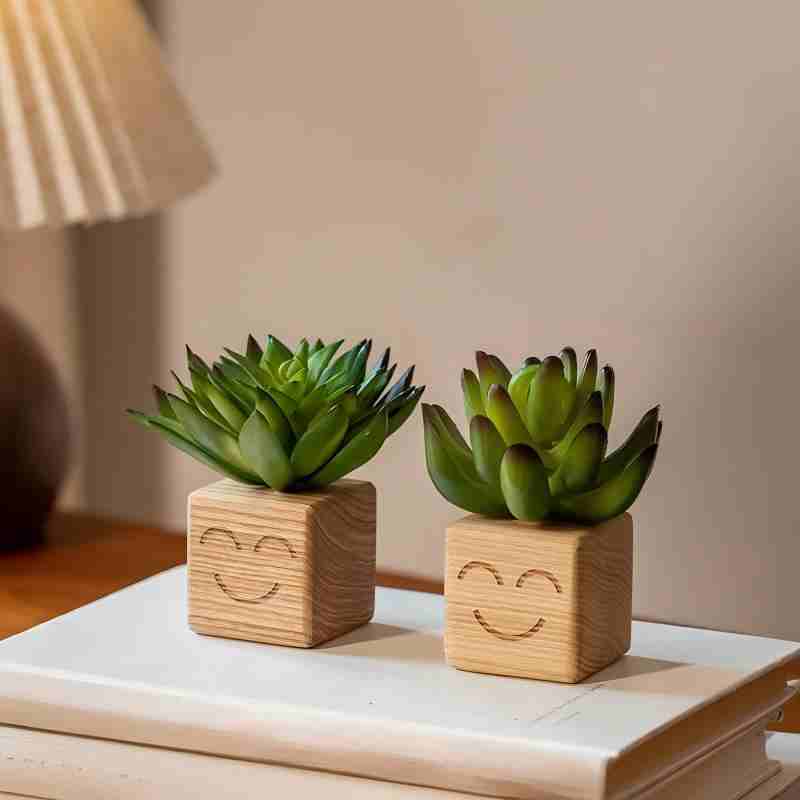 Smiley Face Wood Succulent Planter | Faux Succulent Blind Box Set | Cute Desk Decor Gift