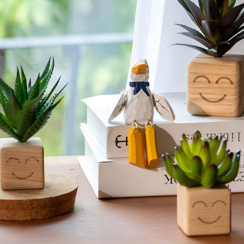 Smiley Face Wood Succulent Planter | Faux Succulent Blind Box Set | Cute Desk Decor Gift
