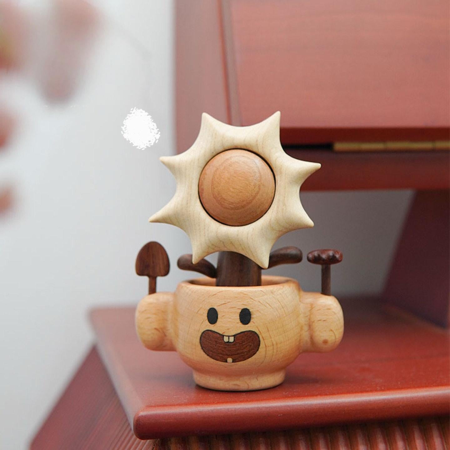 Solid Wood Desk Figurine | Spinning Sunflower Pot or Rocking Horse | Engravable Healing Desk Decor
