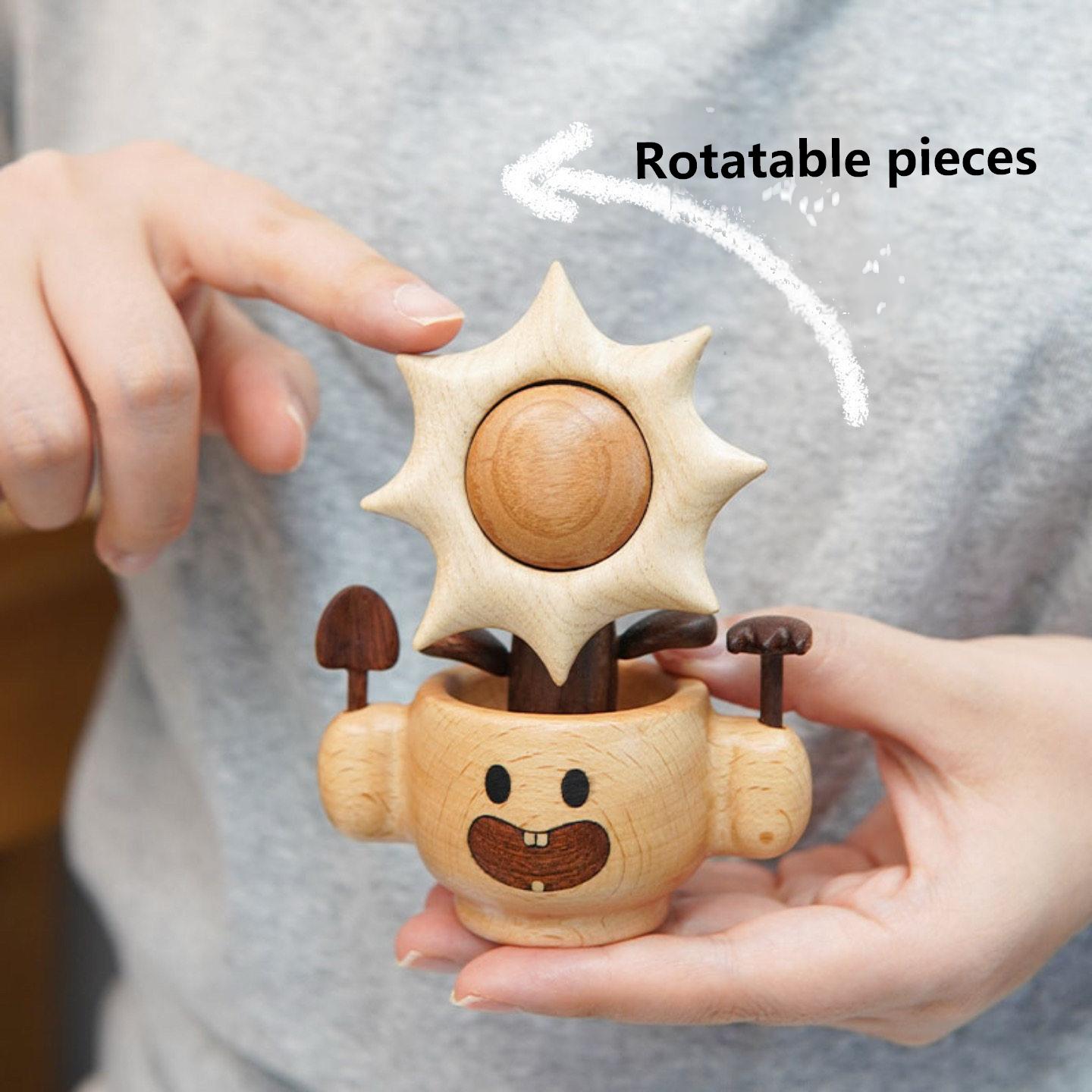 Solid Wood Desk Figurine | Spinning Sunflower Pot or Rocking Horse | Engravable Healing Desk Decor