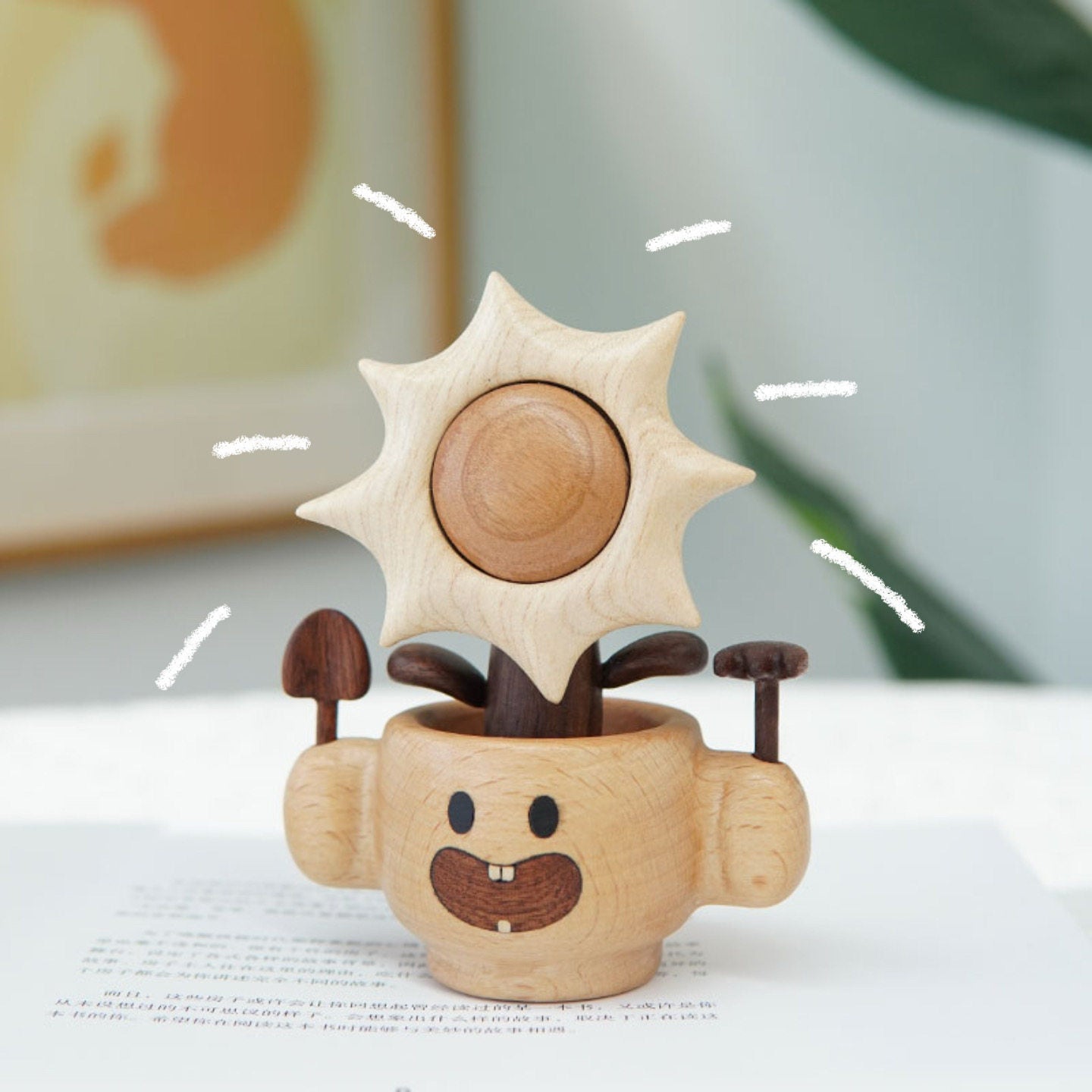 Solid Wood Desk Figurine | Spinning Sunflower Pot or Rocking Horse | Engravable Healing Desk Decor